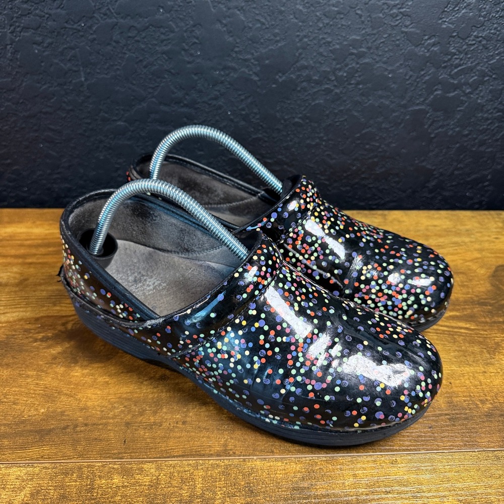 Dansko Professional Confetti Black Patent Leather Clogs Womens 42